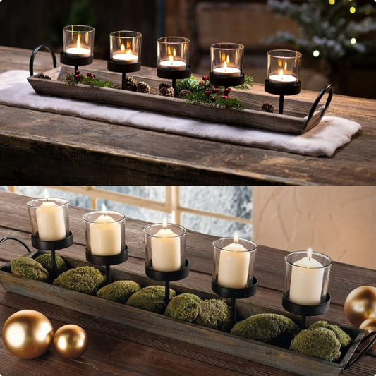27.5" Rustic Wood Centerpiece Tray With Five Metal Candle Holders, 6-Piece Set