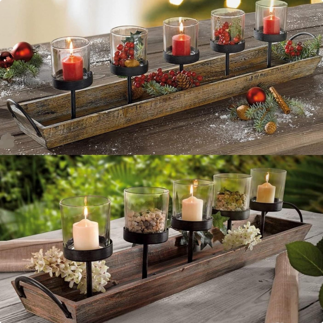 27.5" Rustic Wood Centerpiece Tray With Five Metal Candle Holders, 6-Piece Set