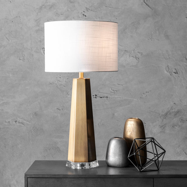 30" Ombre Metal Obelisk Linen Shade Brass, 3-Way Switch Table Lamp